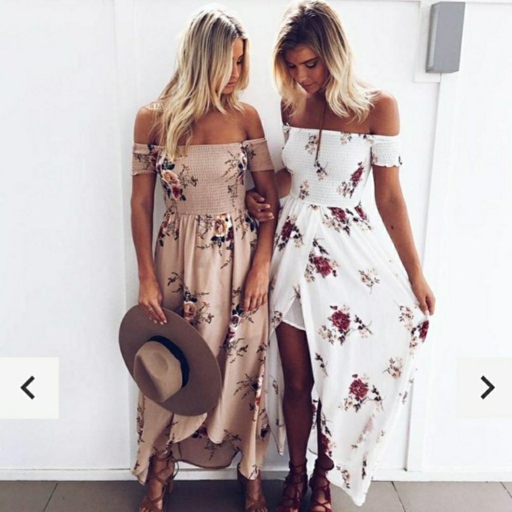 Boho Style Long Dress, Off Shoulder, Floral Print